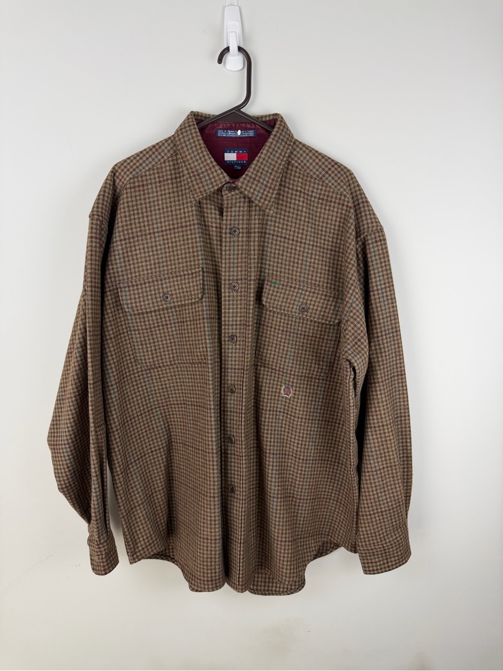 Vintage Tommy Hilfiger Wool Brown Checked Lightweight Shirt Jacket